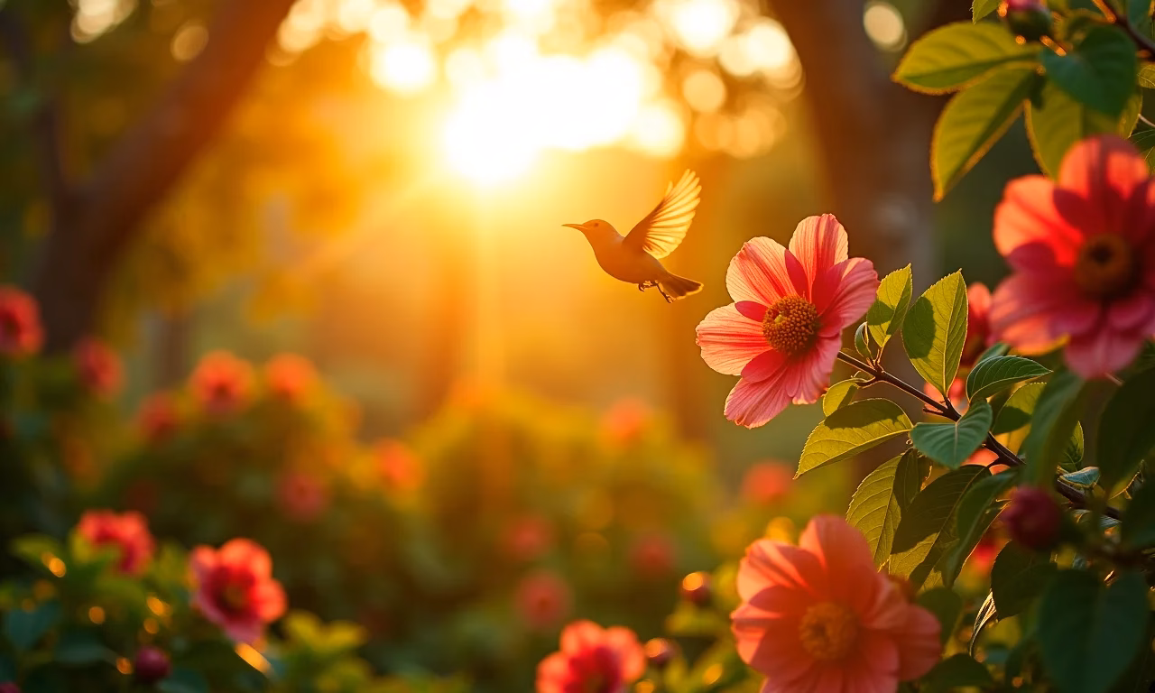 Pássaros desfrutando do sol da manhã em um jardim florido.