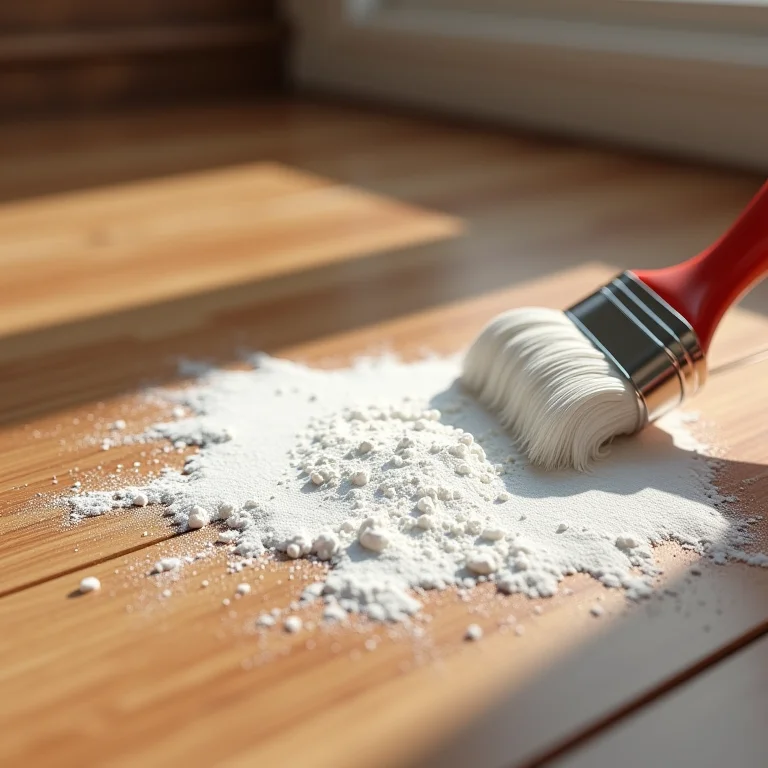 Pasta de bicarbonato de sódio sendo aplicada em uma mancha de tinta difícil em um piso de madeira.