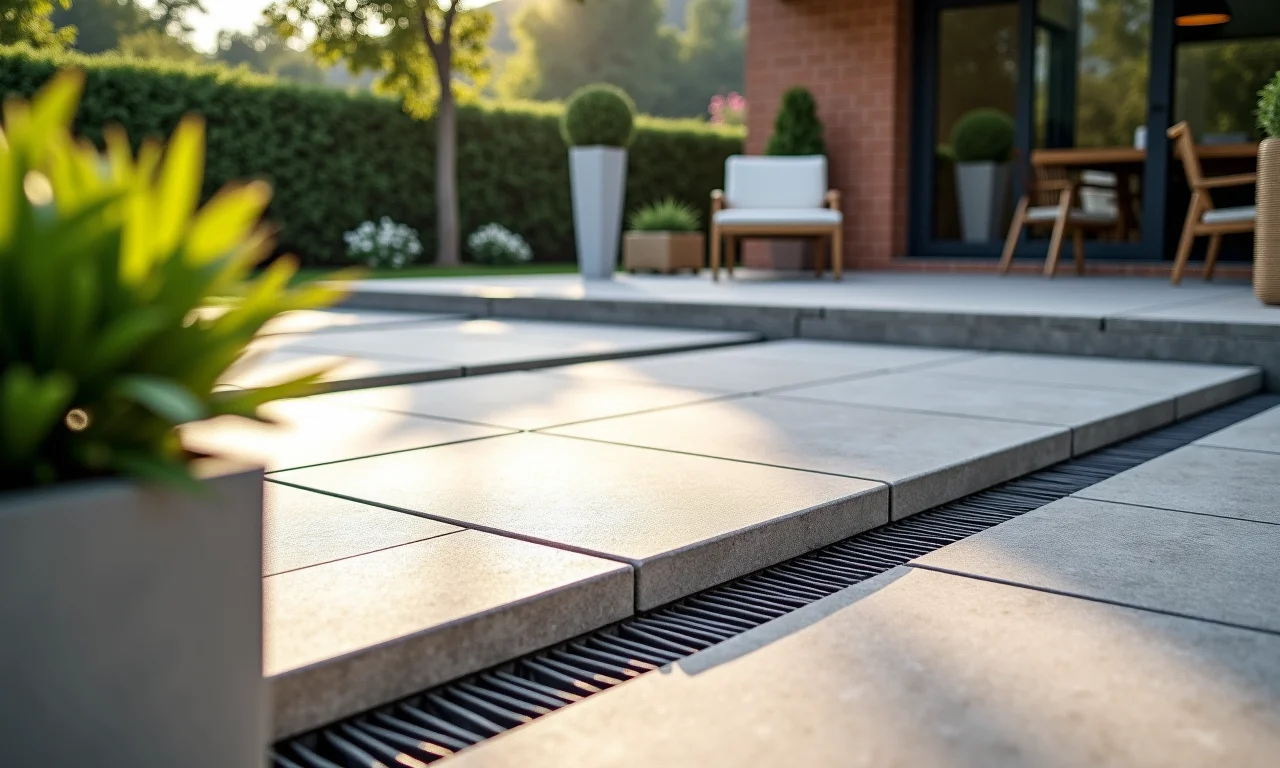 Pátio elegante com piso cerâmico e sistema de drenagem integrado.