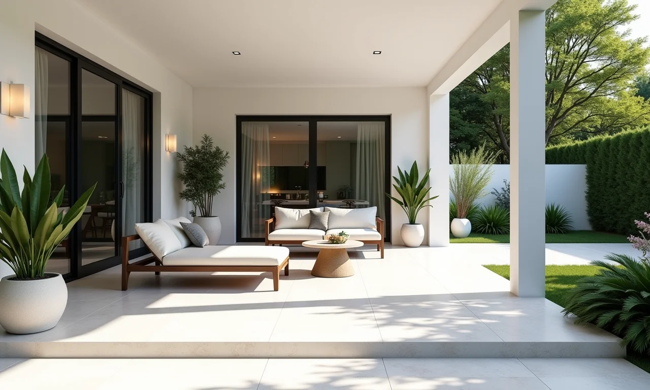 Pátio elegante com piso de pedra Goiás branca e mobiliário moderno.