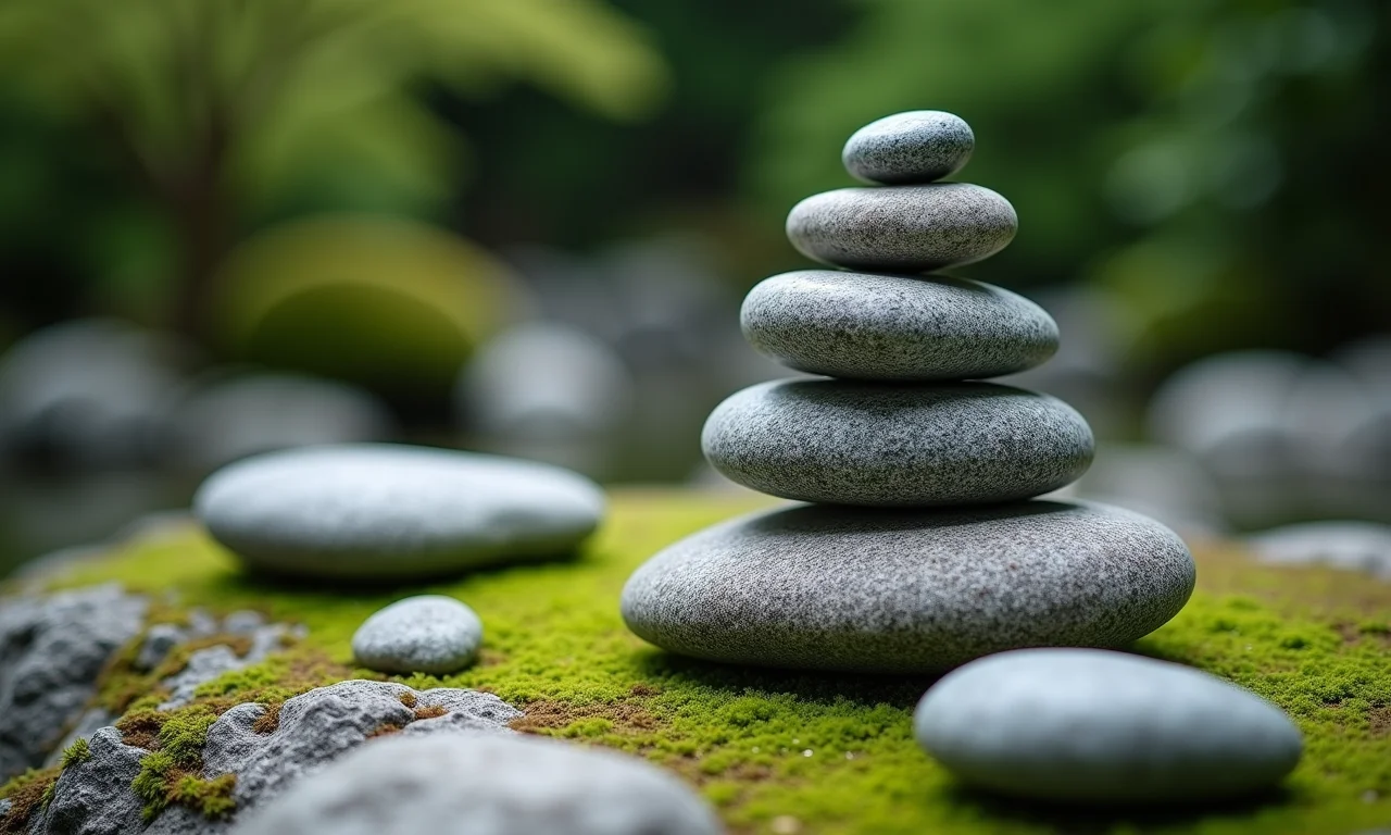 Pedras Ishi cuidadosamente dispostas em um jardim japonês com musgo.