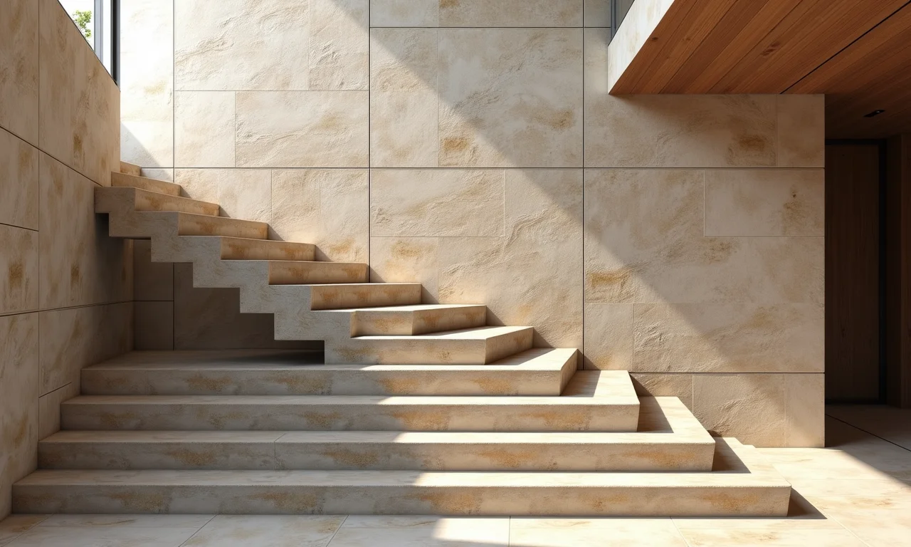 Pedras naturais revestindo a parede de uma escada, elegância e sofisticação.