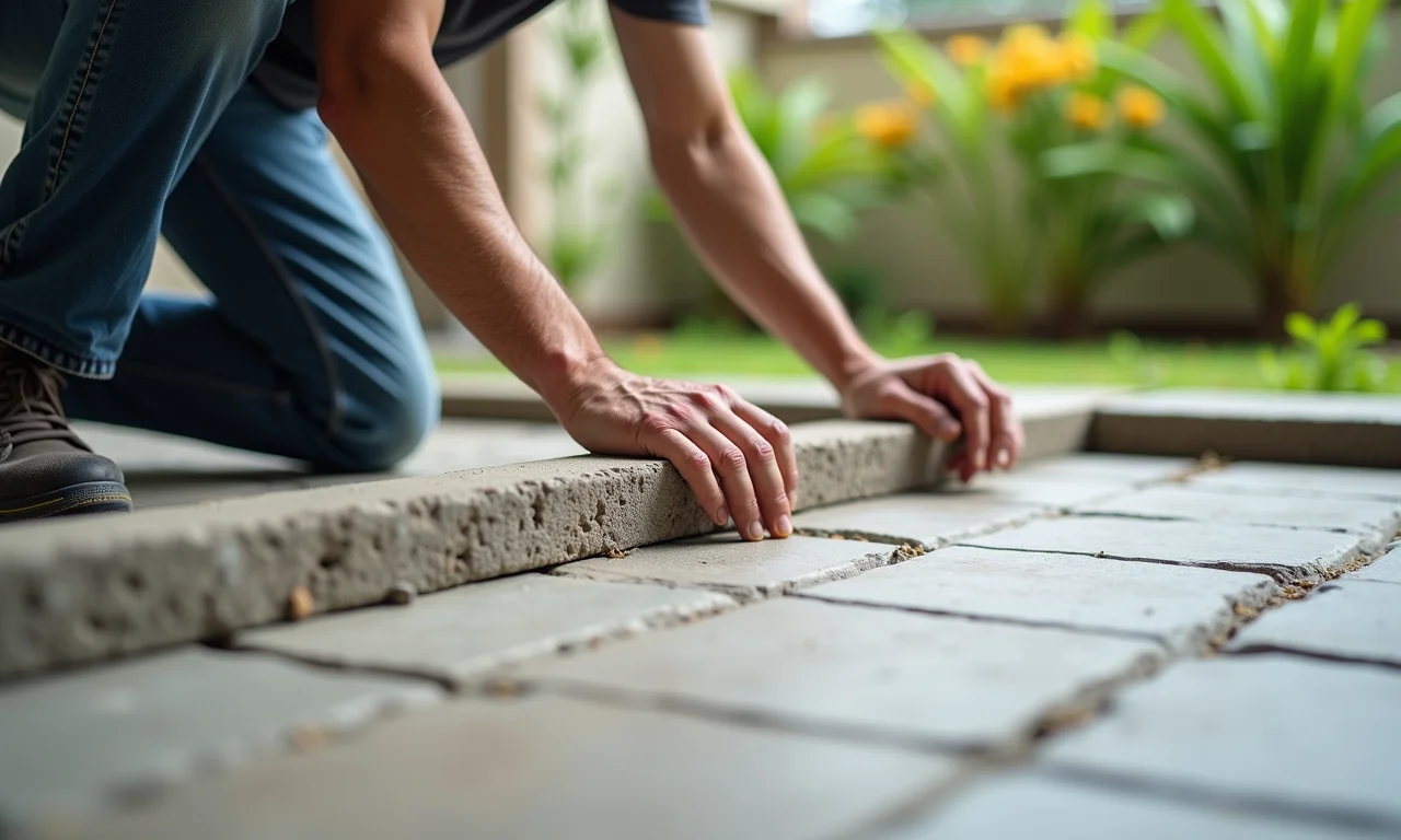 Pedreiro instalando piso de pedra Goiás em área externa.