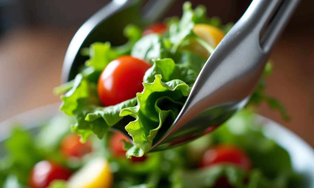 Pegadores de salada de inox segurando uma salada verde.