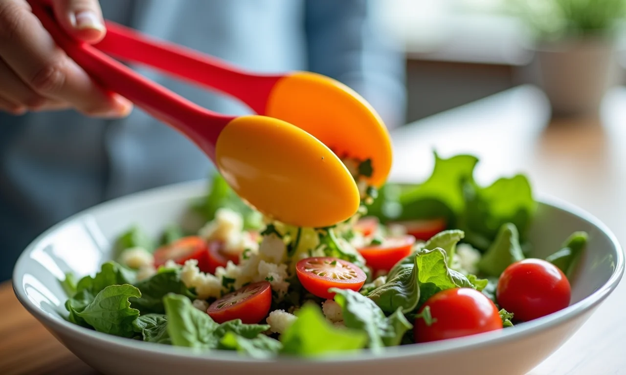 Pegadores de salada de silicone misturando uma salada colorida.