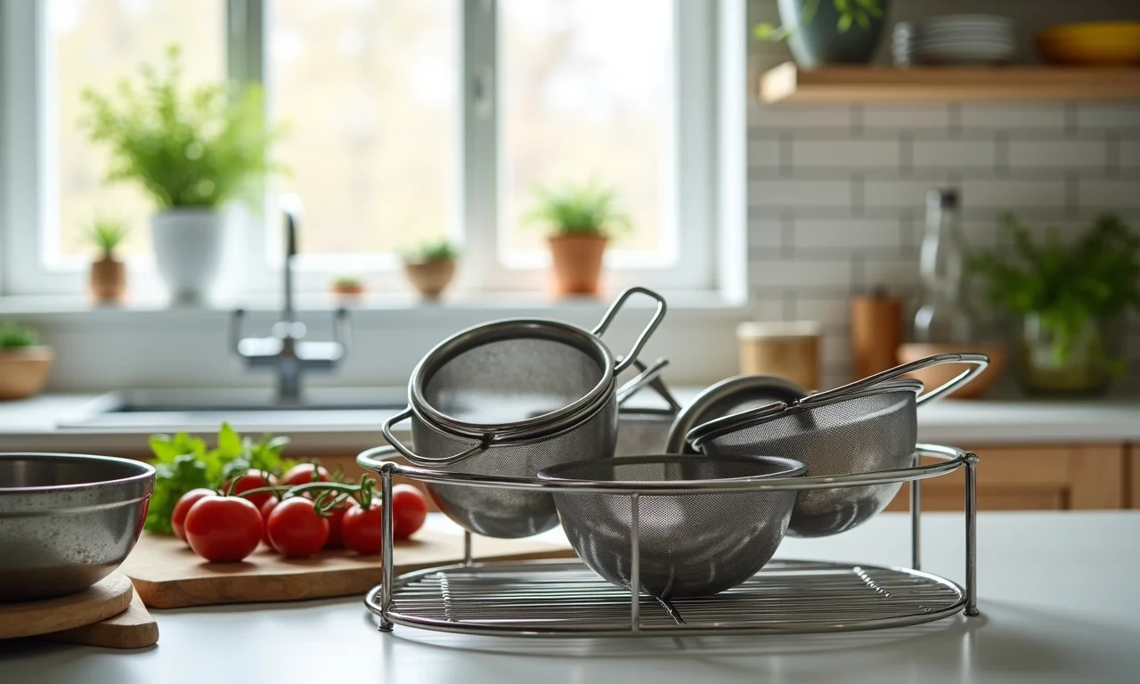 Peneiras de diferentes tamanhos em uma cozinha vegana.