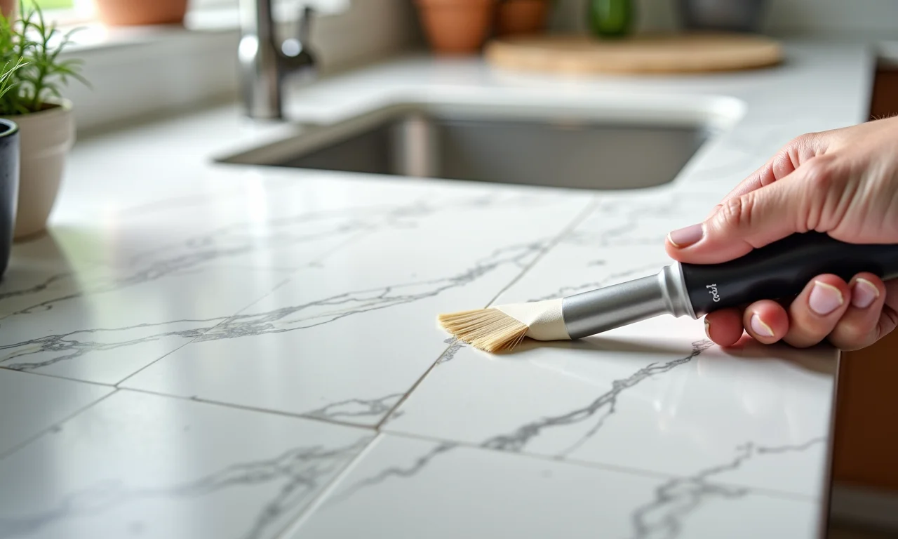 Pequena cozinha renovada com adesivo vinílico marmorizado.