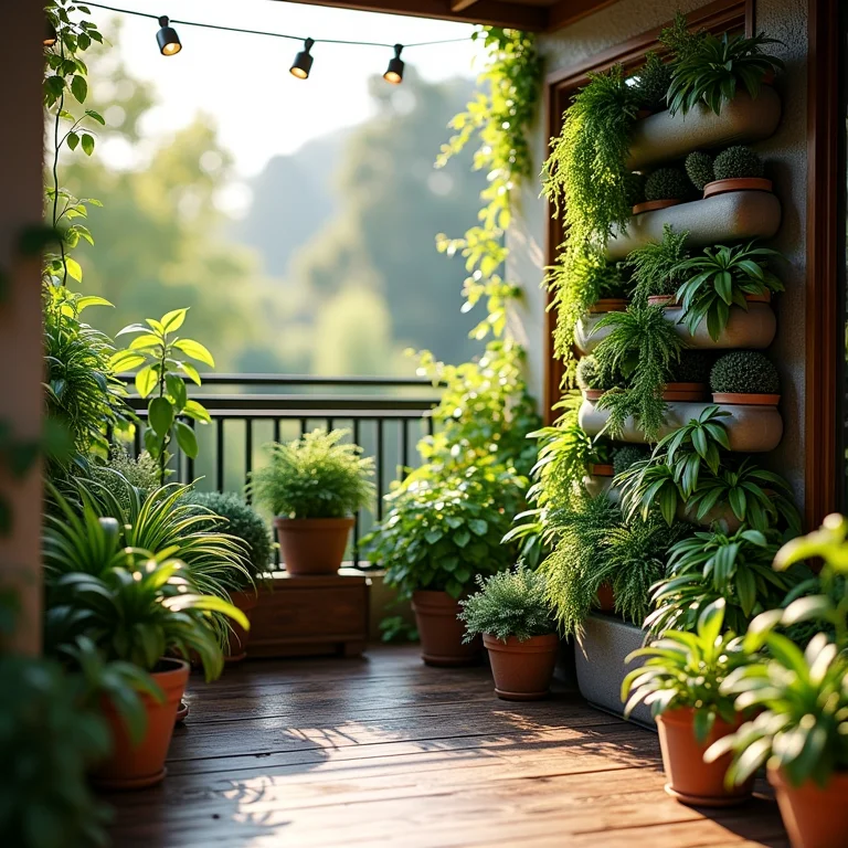 Pequena varanda transformada em jardim vertical com garrafas PET.