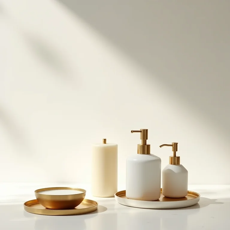 Pequenos detalhes em branco e dourado para decoração de banheiro