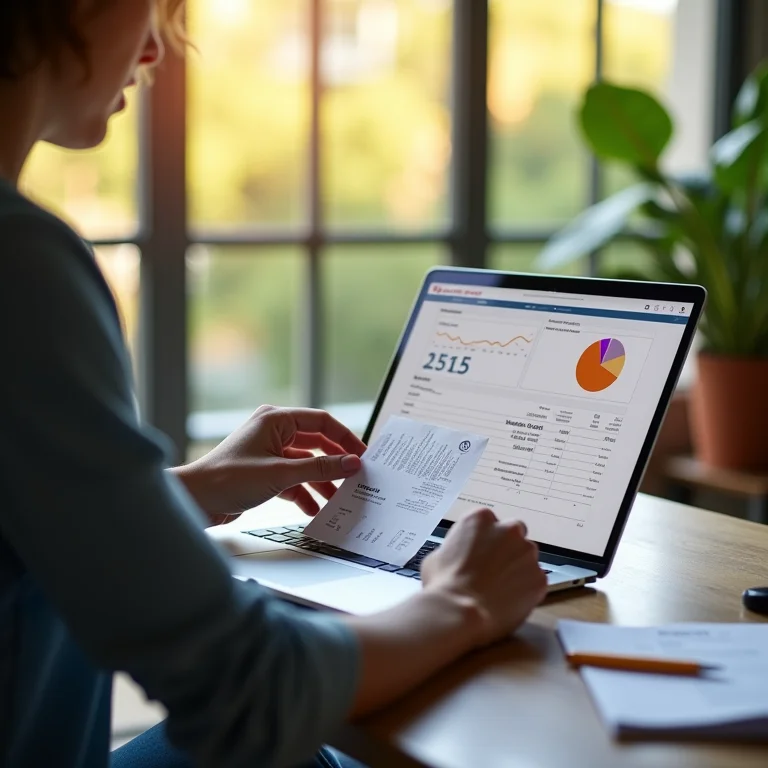 Pessoa analisando recibos e despesas em um laptop.