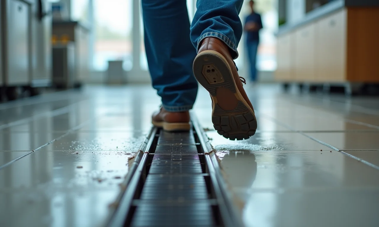 Pessoa caminhando com segurança em piso molhado com sistema de drenagem.