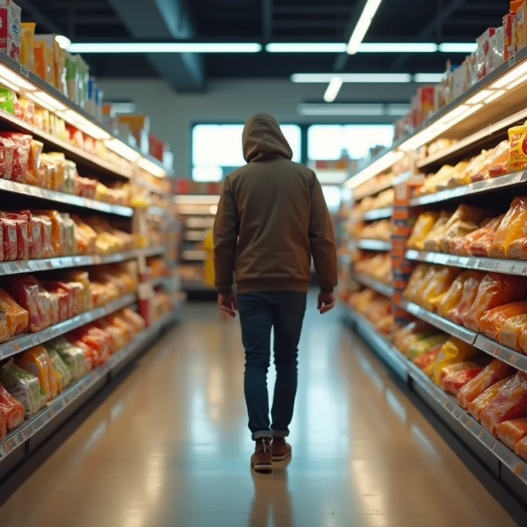 Pessoa com estômago roncando em um supermercado.