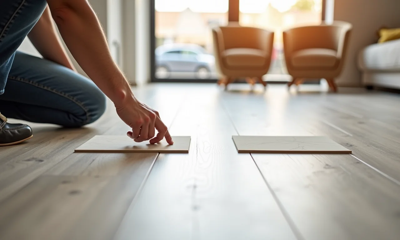 Pessoa comparando amostras de porcelanato Pamesa em showroom.