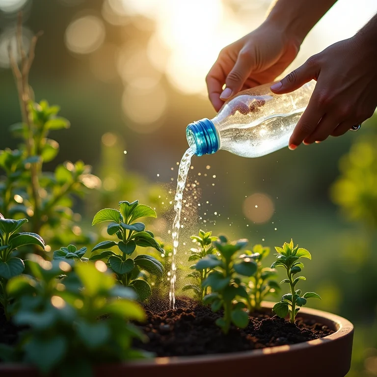 Pessoa cuidando de um jardim vertical de garrafas PET.