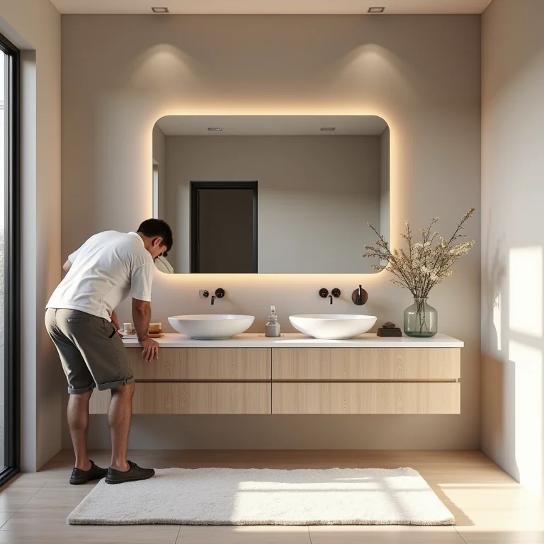 Pessoa curvada desconfortavelmente em uma bancada de banheiro muito baixa.