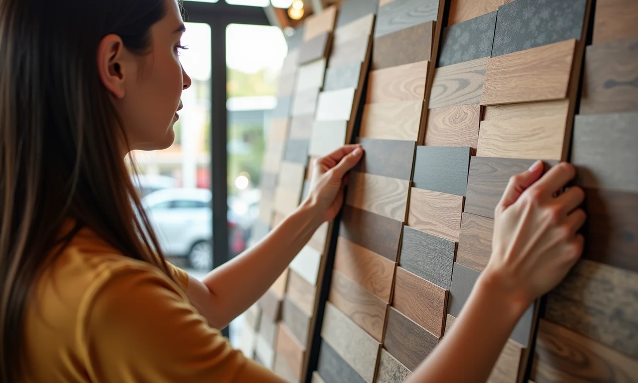 Pessoa escolhendo amostras de assoalho em loja de decoração.