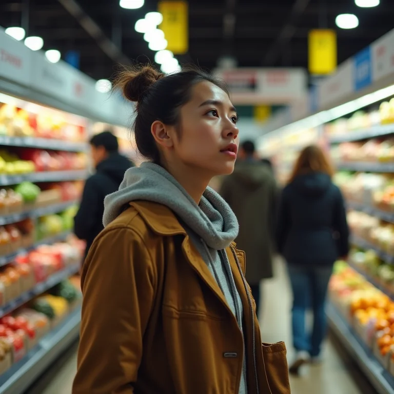 Pessoa estressada fazendo compras em um supermercado lotado.