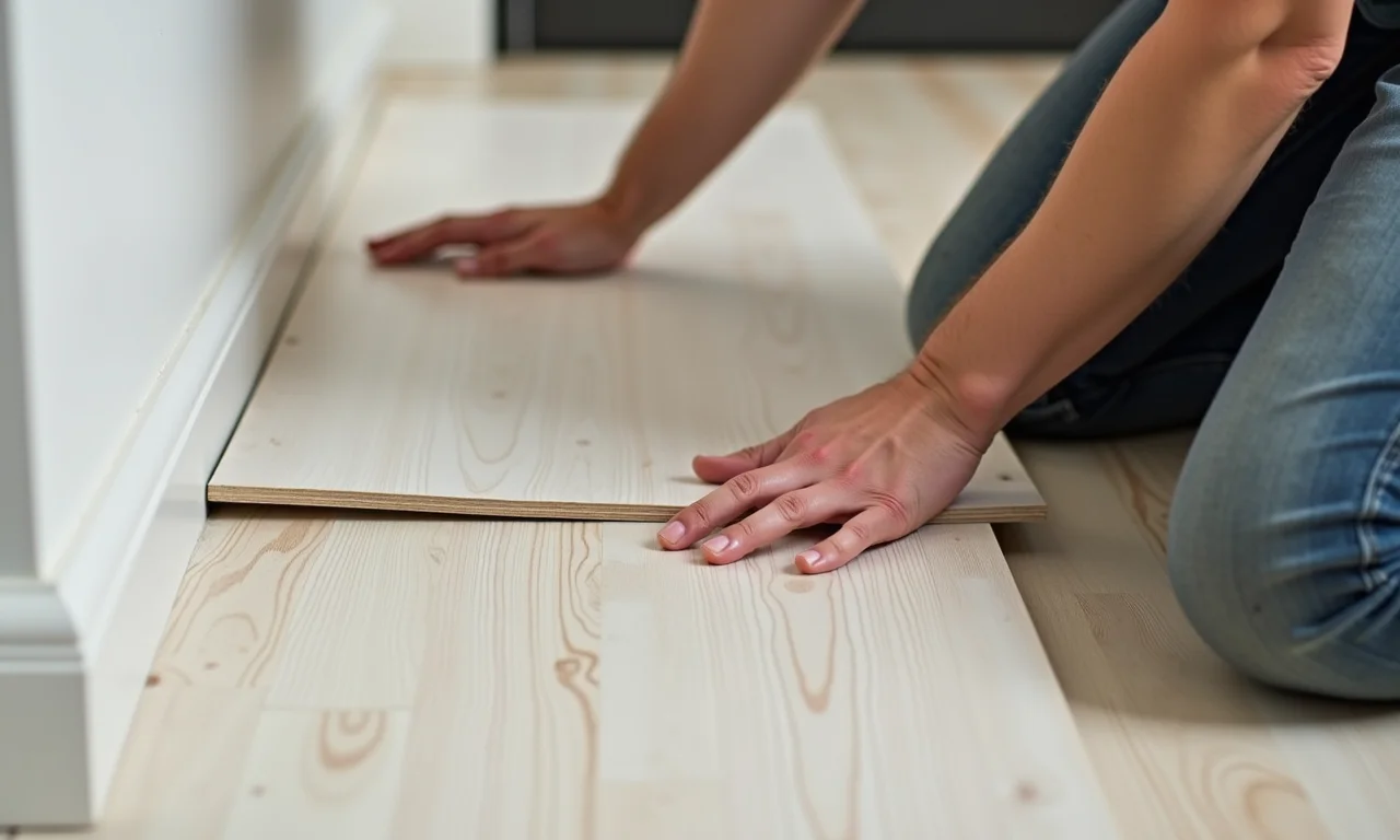 Pessoa instalando piso vinílico em escada, demonstra facilidade.