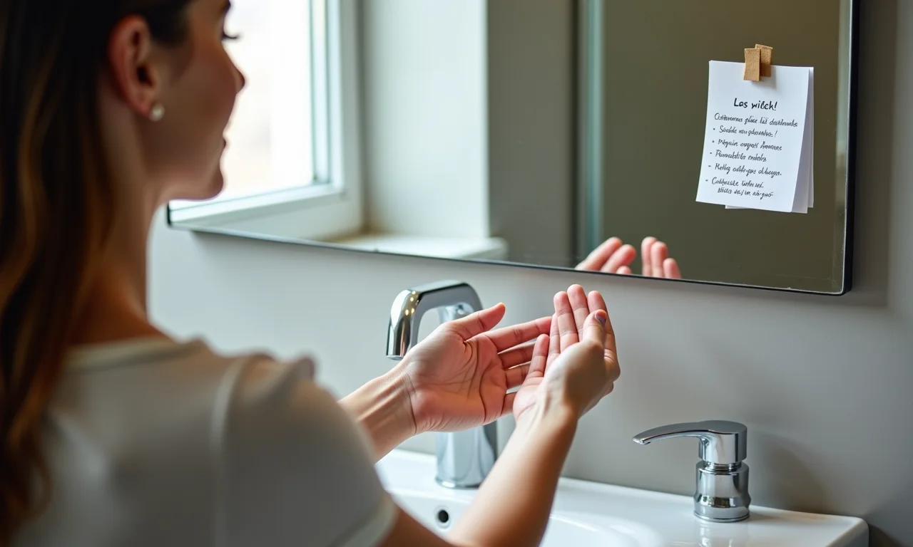 Pessoa lavando as mãos com frases francesas no espelho.