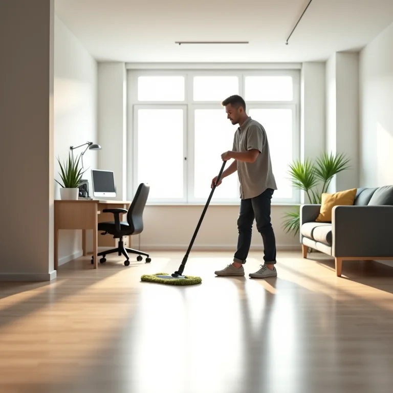 Pessoa limpando facilmente o piso de um home office.