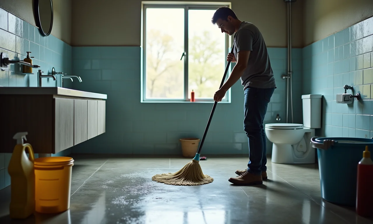 Pessoa limpando o piso de cimento queimado de um banheiro.