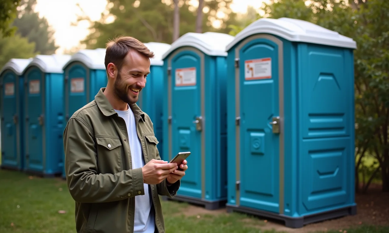 Pessoa pesquisando preços de aluguel de banheiro químico online.
