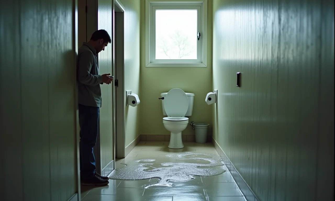 Pessoa reagindo a um vaso sanitário transbordando em um banheiro público.