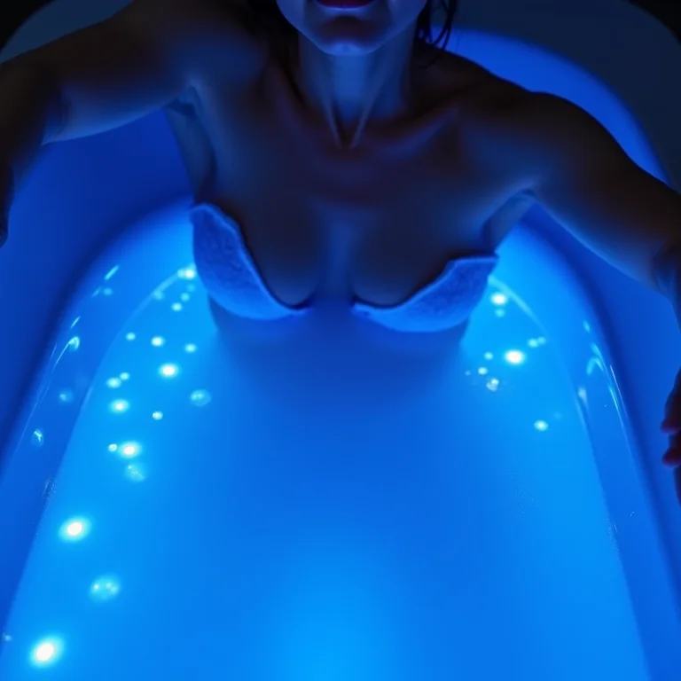 Pessoa relaxando em banheira com cromoterapia azul.