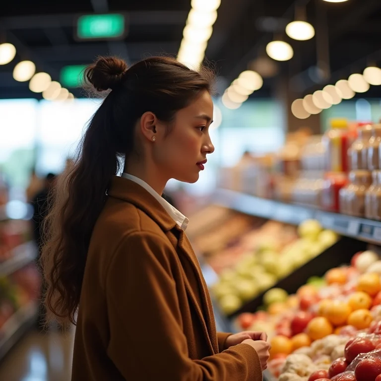 Pessoa resistindo a comprar lanches não saudáveis no caixa do supermercado.