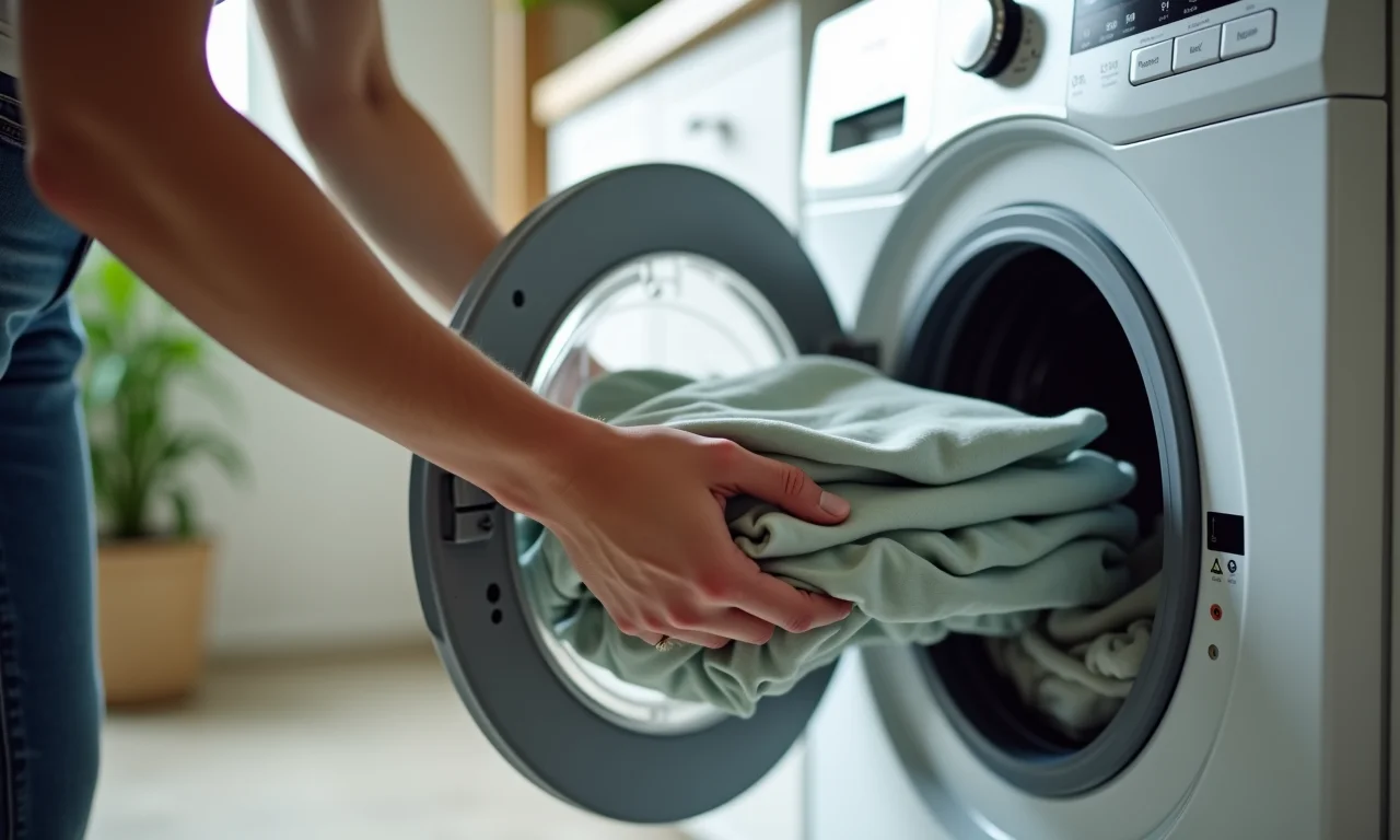 Pessoa retirando roupas levemente amassadas de uma máquina de lavar.