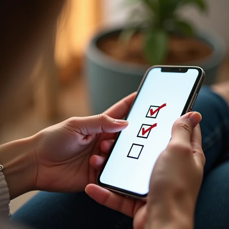 Pessoa riscando itens de uma lista de compras em um smartphone.