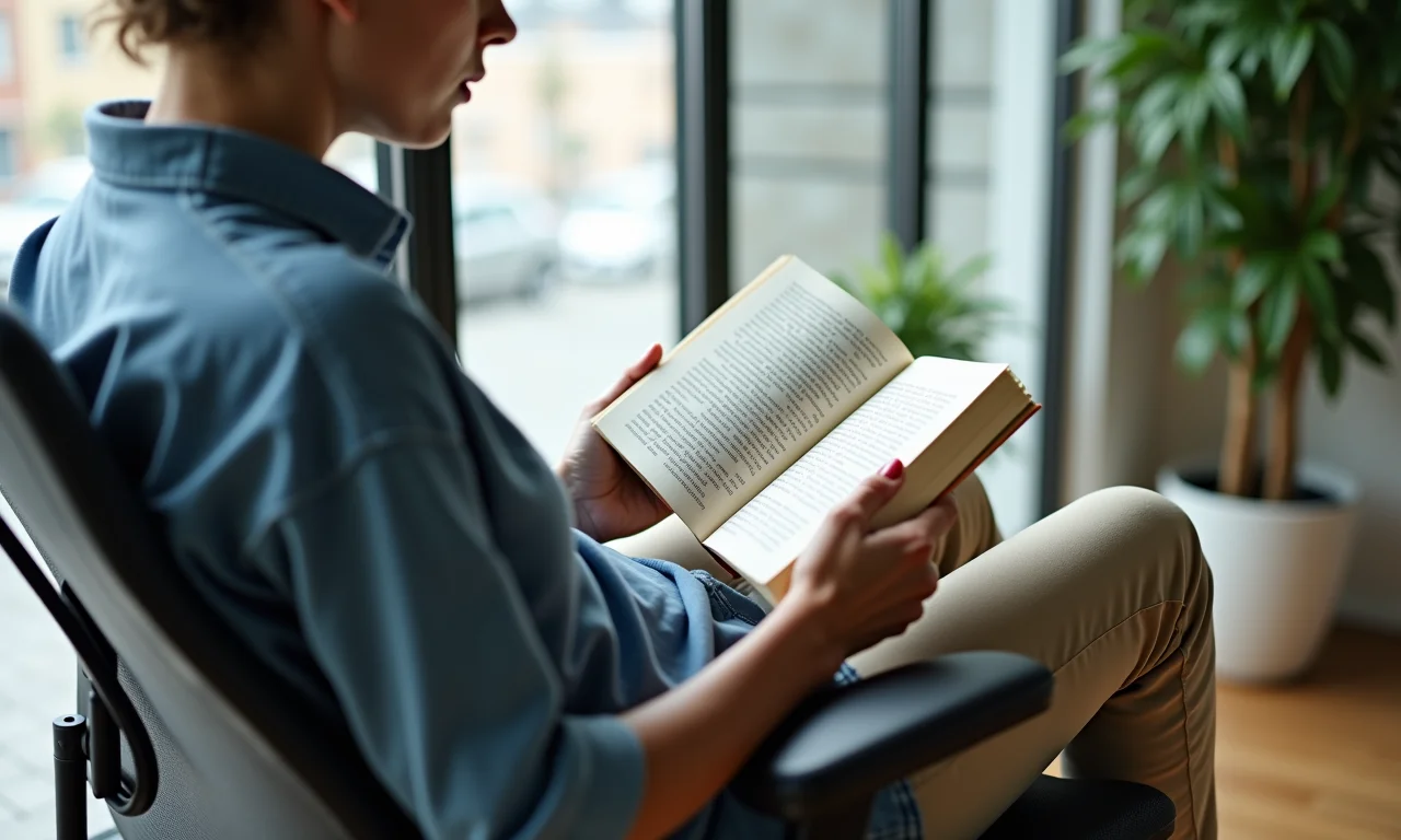 Pessoa sentada confortavelmente em cadeira de escritório sem rodinhas, lendo um livro.