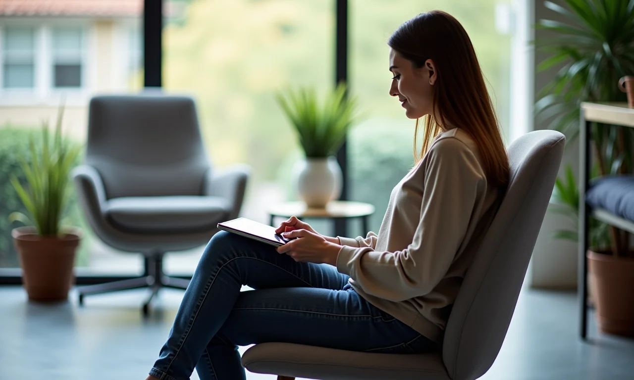 Pessoa testando uma cadeira em uma loja, ajustando as configurações.