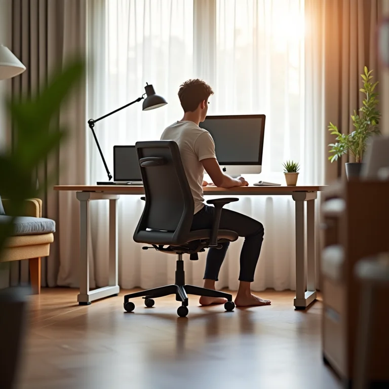 Pessoa trabalhando confortavelmente em um home office com piso ergonômico.