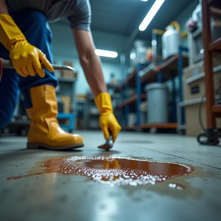 Pessoa usando solvente para remover uma mancha difícil em um piso de concreto em um espaço bem ventilado.