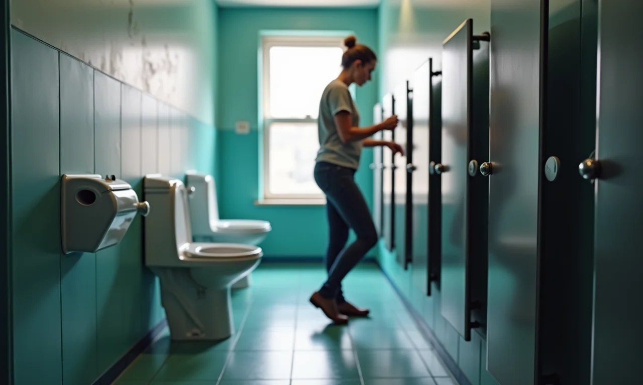 Pessoa utilizando um banheiro público de forma correta, seguindo as regras de etiqueta.