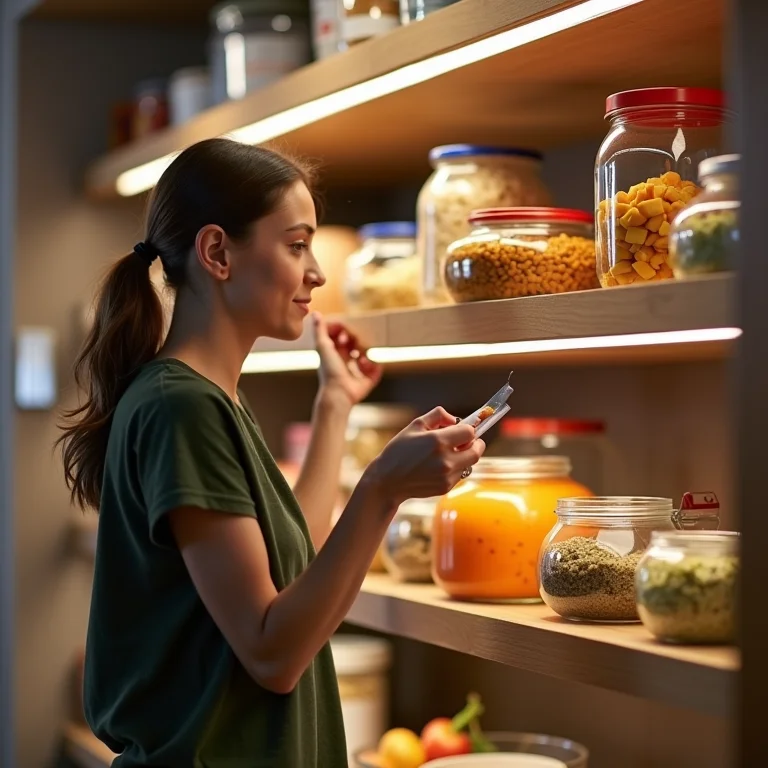 Pessoa verificando os ingredientes na despensa antes de fazer a lista de compras.