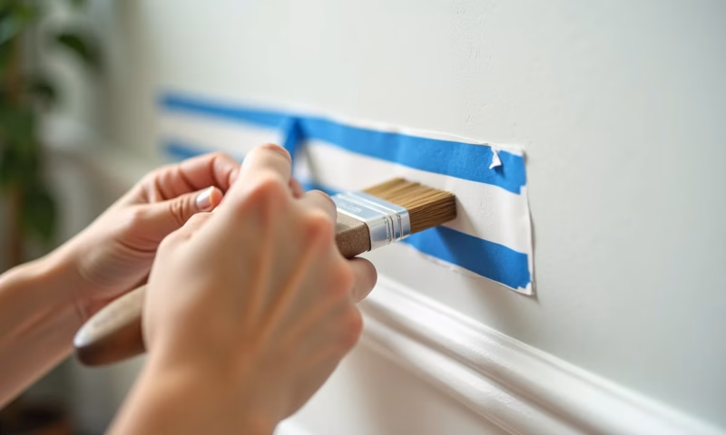 Pintando rodapé com fita crepe para não borrar a parede.