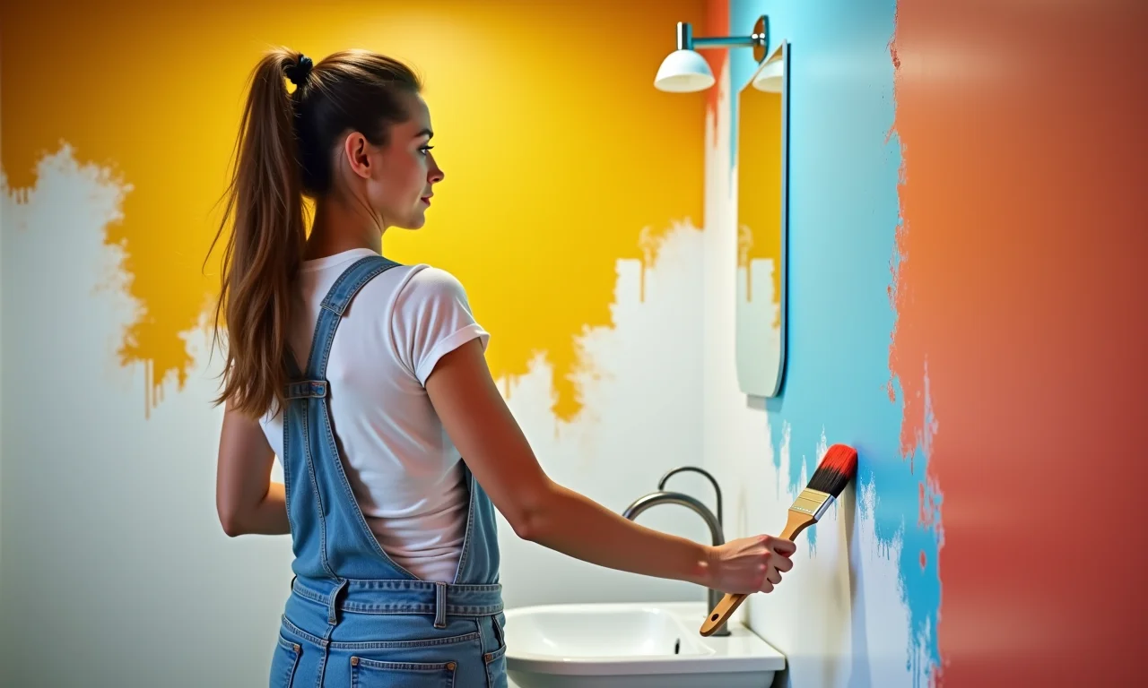 Pintura de paredes do banheiro com cor vibrante.