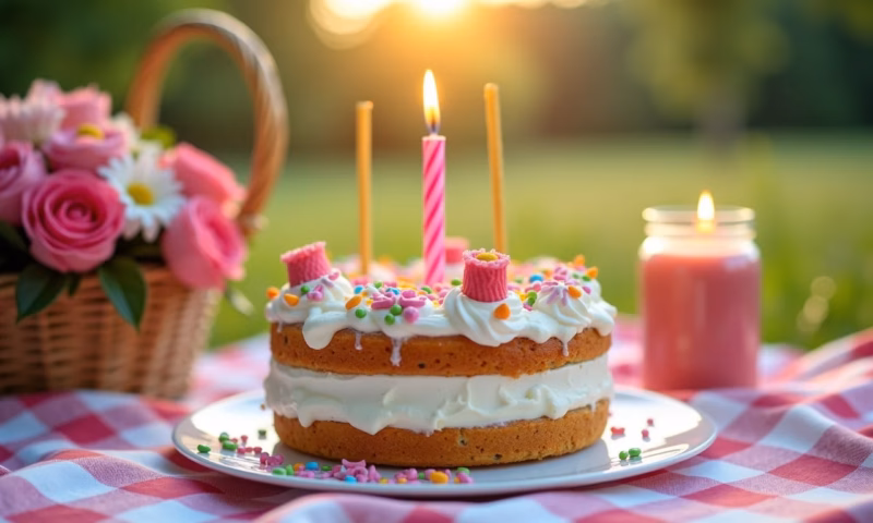 Piquenique de aniversário charmoso com decoração vibrante e bolo.