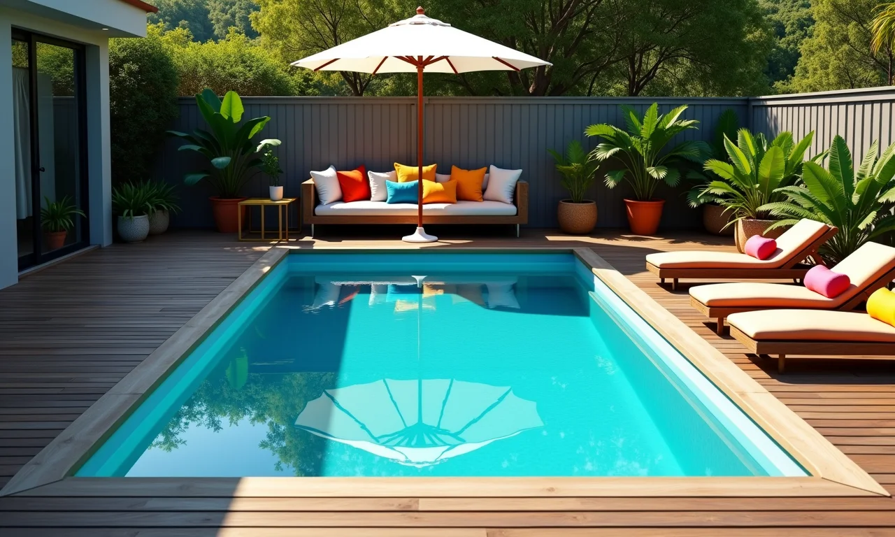 Piscina de fibra compacta com deck de madeira, estilo brasileiro.