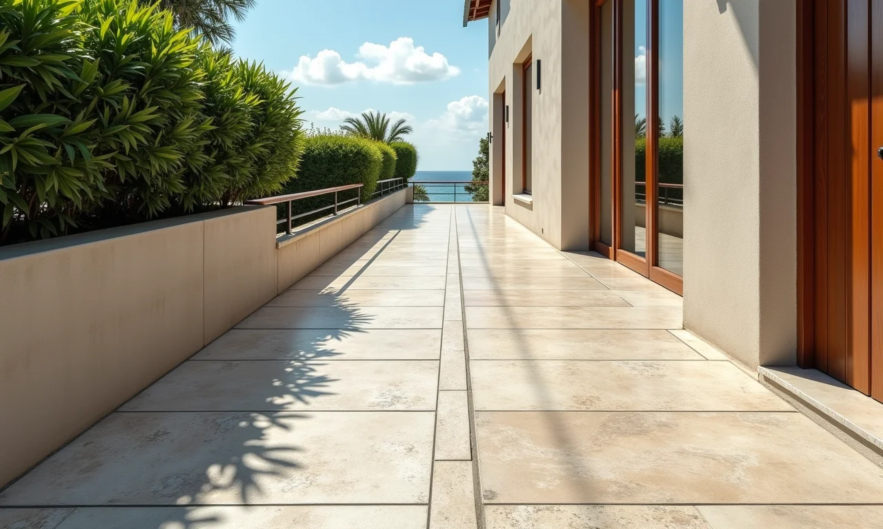 Piso cerâmico antiderrapante em rampa de acesso.