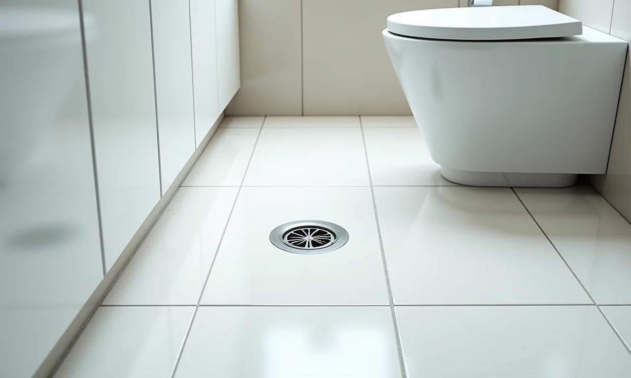 Piso de banheiro impecável com sistema de drenagem, livre de fungos e bactérias.