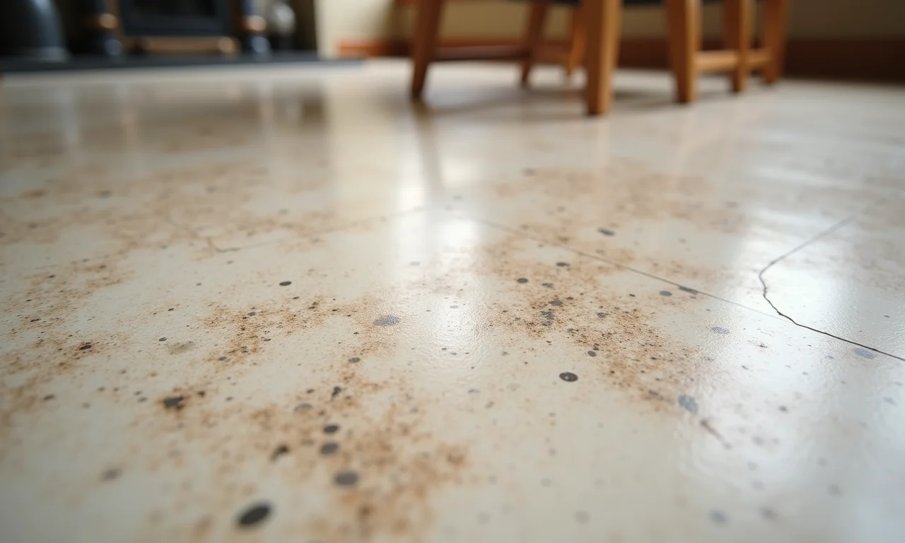 Piso de Granilite desgastado com lascas e descoloração, mostrando suas desvantagens.