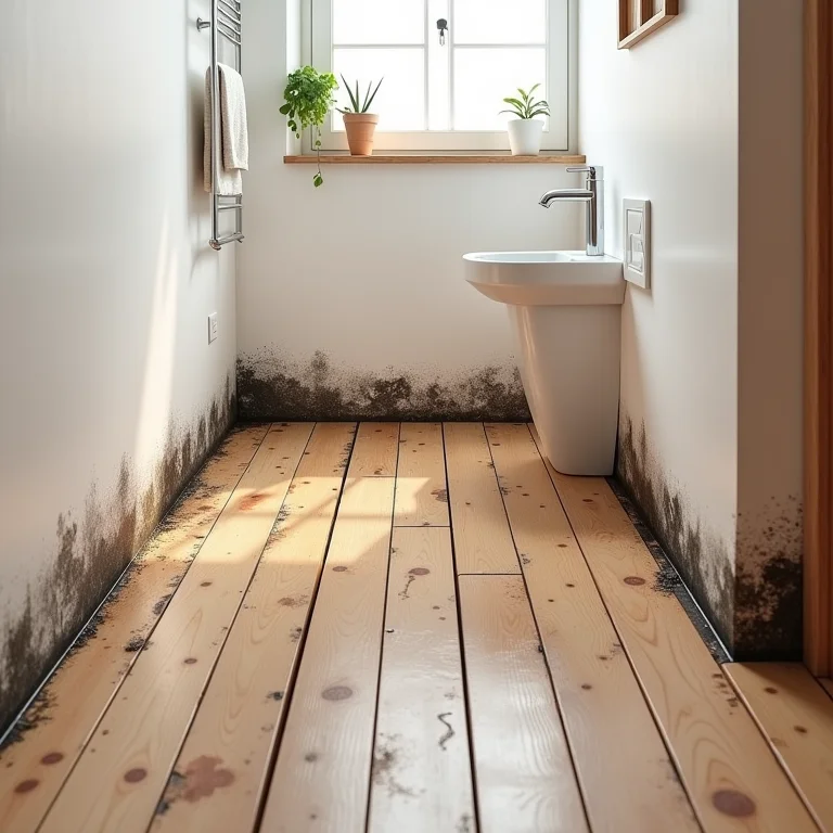 Piso de madeira com infiltração em banheiro