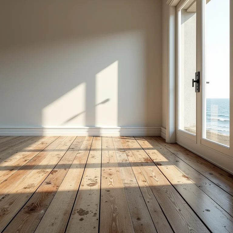 Piso de madeira danificado pela maresia em apartamento de praia