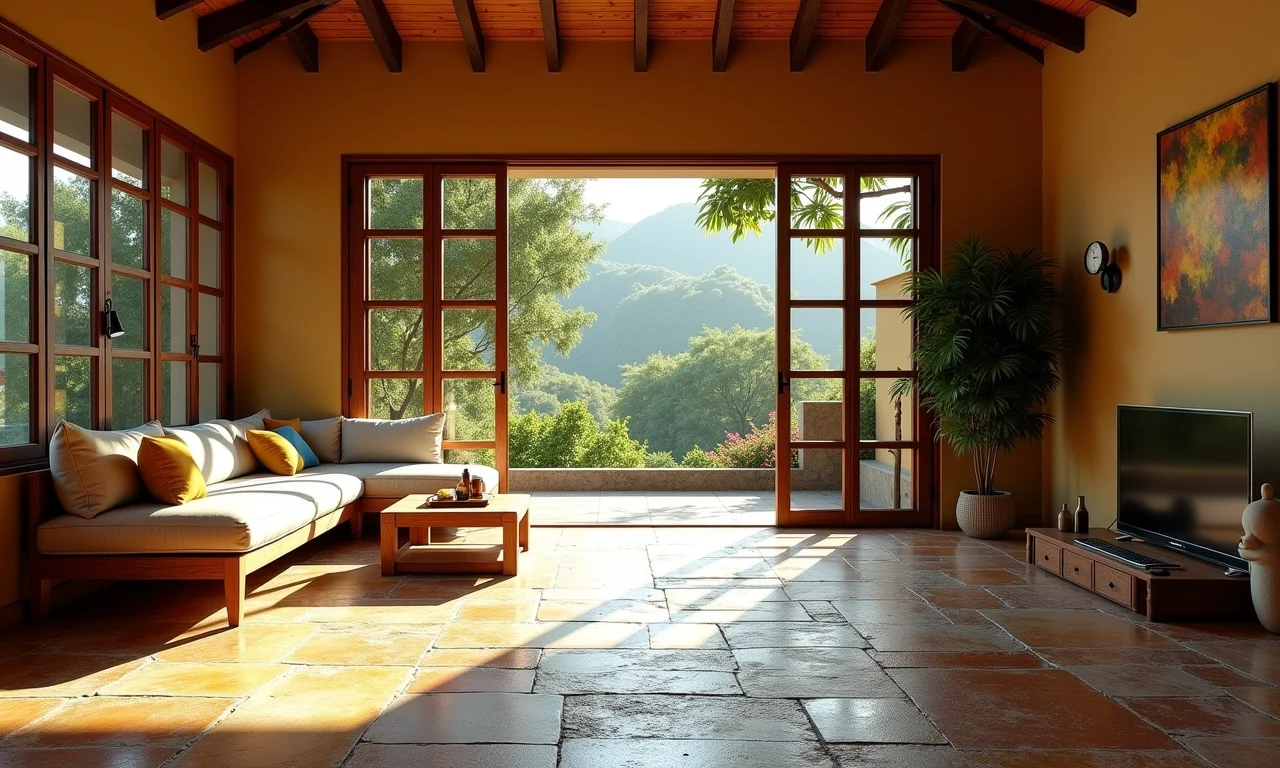 Piso de Pedra São Tomé integrado a uma sala de estar vibrante.