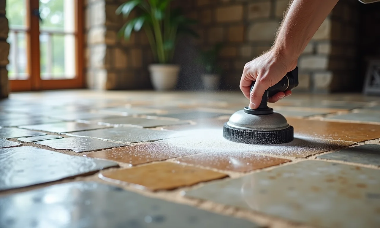 Piso de Pedra São Tomé recebendo impermeabilizante.
