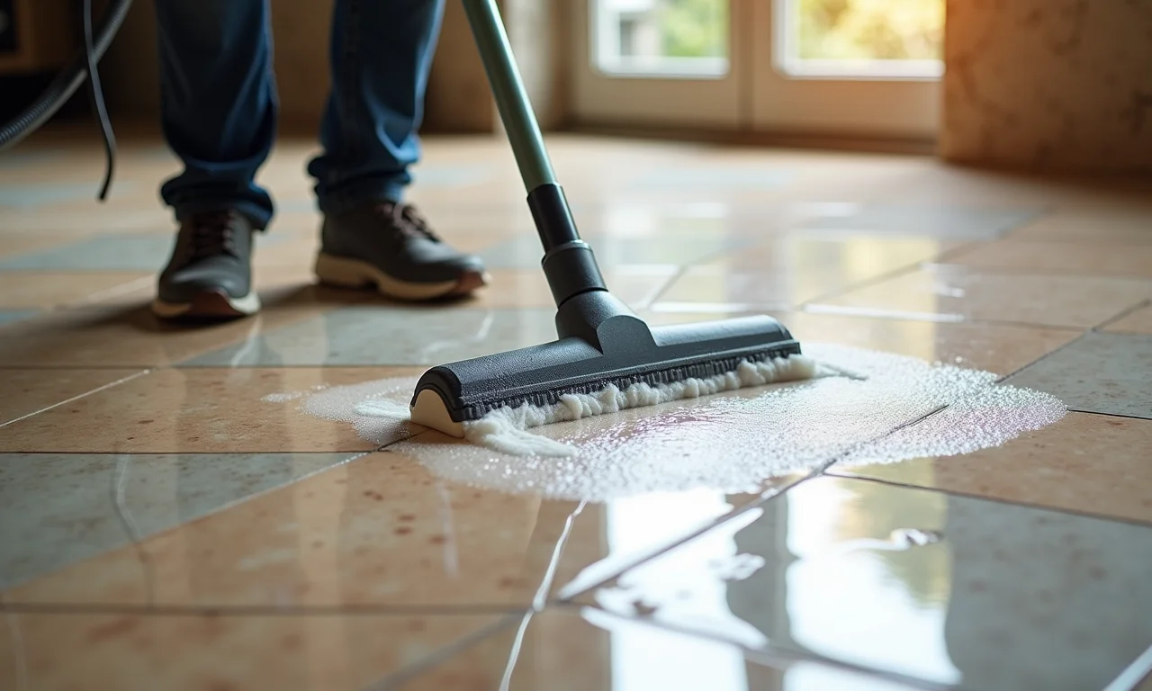 Piso de Pedra São Tomé sendo limpo profissionalmente.