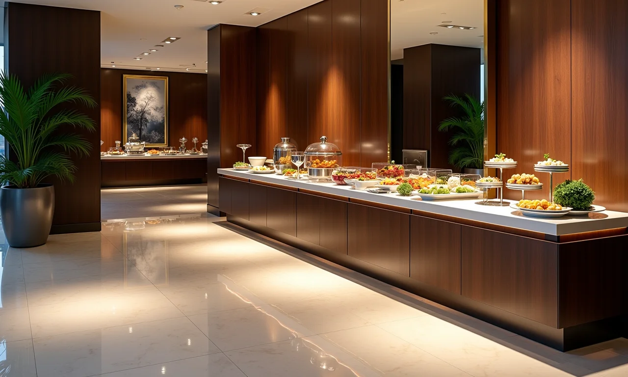 Piso de porcelanato elegante em um ambiente de buffet sofisticado.